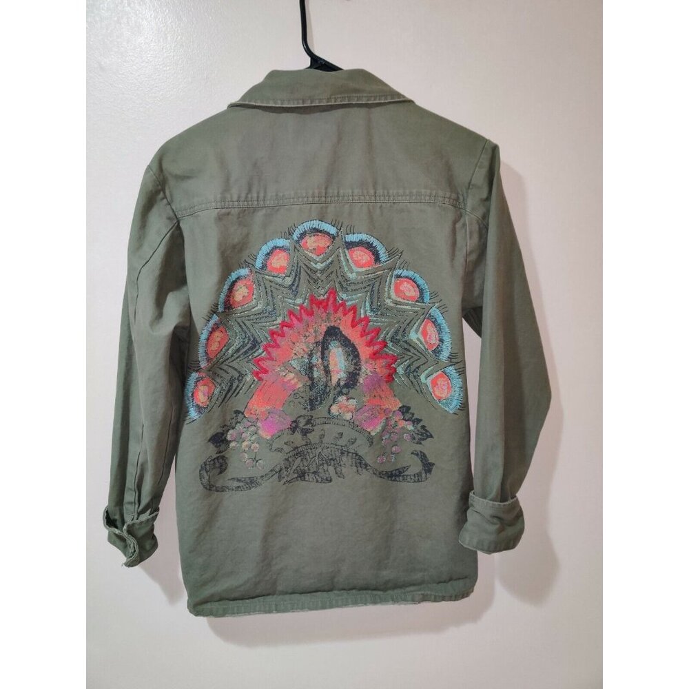Anthro Ecote Women's XS Field Jacket Military Green Pockets Buttons Embroidered